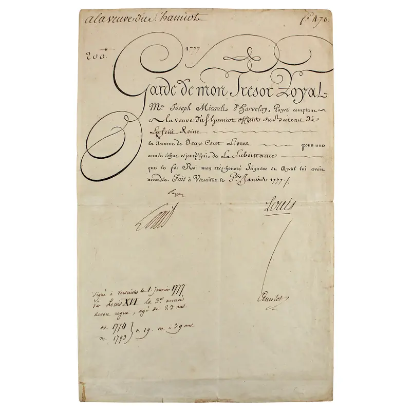 King Louis XVI Authentic Signed 9.5x14.5 1777 Pay Order Document BAS #AB76511