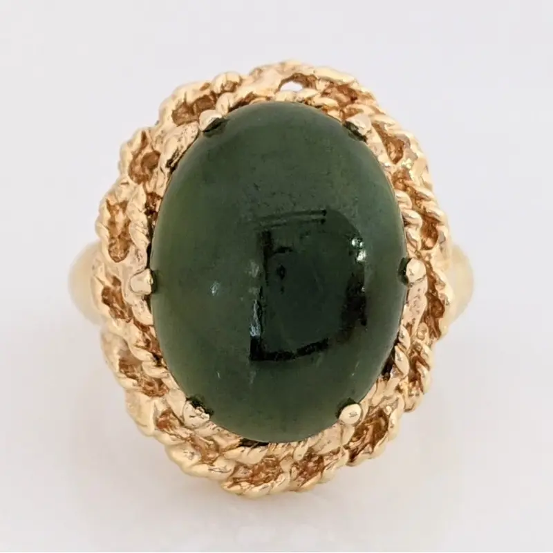 14K JADE OVAL 12X16 DOUBLE ROPE TRIM ESTATE RING 7.6 GRAMS