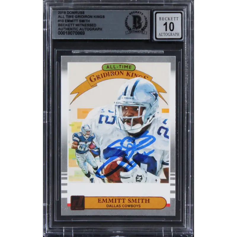 Emmitt Smith Signed 2019 Donruss AT Gridiron Kings #10 Card Auto 10! BAS Slabbed