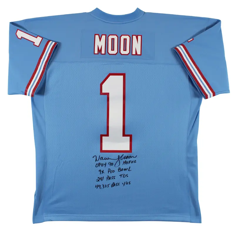 Oilers Warren Moon "5x Insc" Signed Light Blue 1993 M&N TB Jersey BAS Witnessed