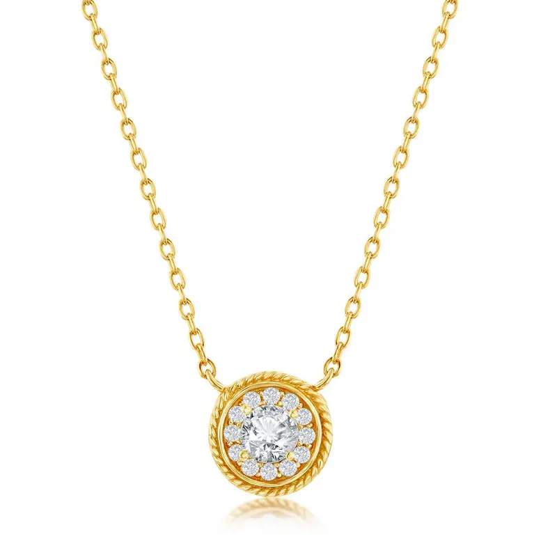 Sterling Silver Round CZ Rope Design Border Necklace - Gold Plated