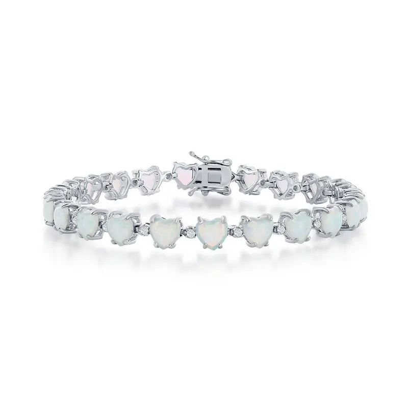 Sterling Silver, White Opal Hearts & CZ Linked Bracelet