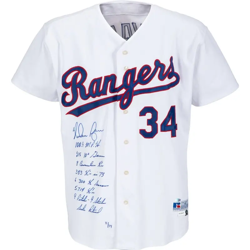 Nolan Ryan Signed Heavily Inscribed Texas Rangers Game Model STAT Jersey Beckett