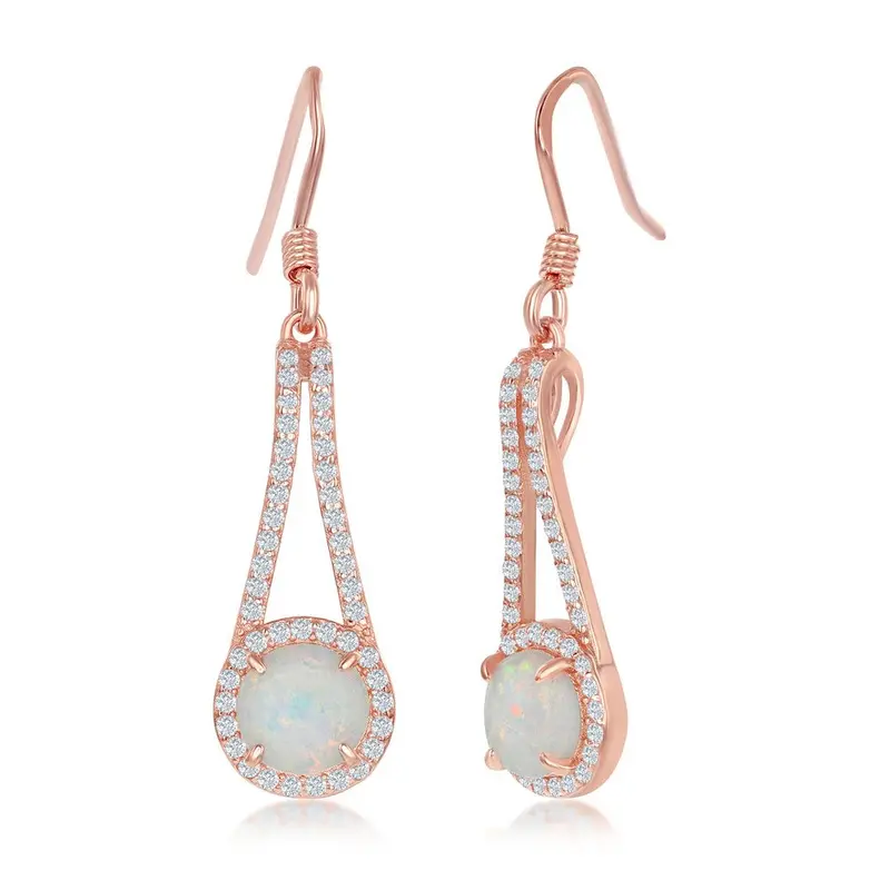 Sterling Silver Round White Opal with CZ Halo Long Earrings - Rose Gold Plated