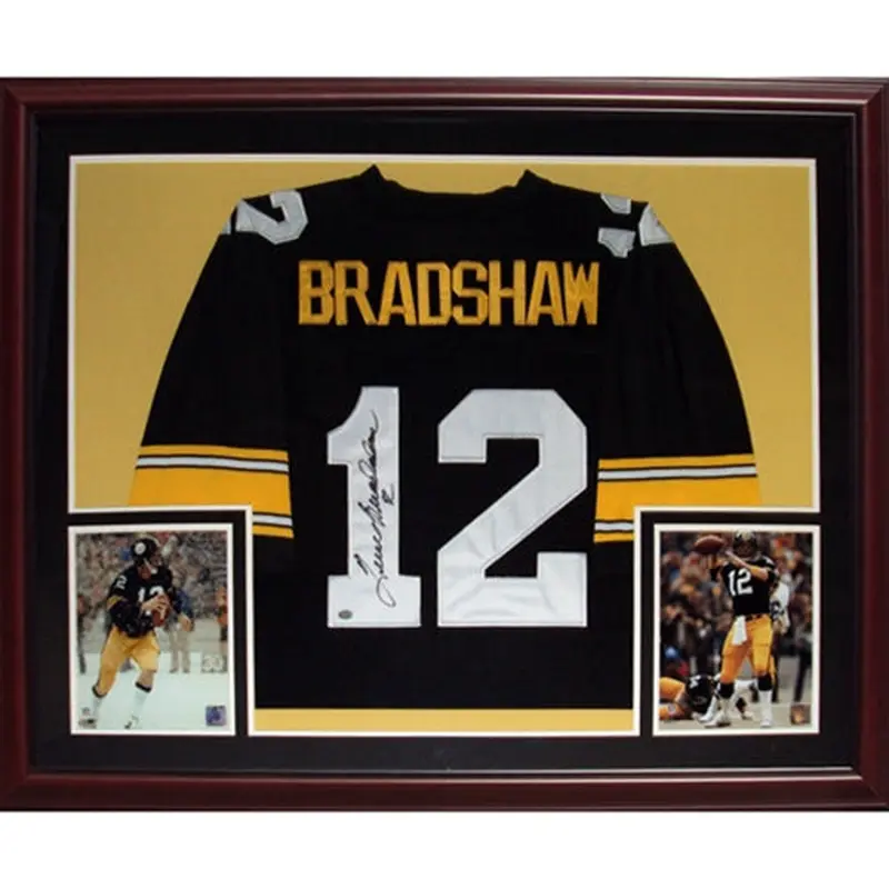 Terry Bradshaw Autographed Pittsburgh (Black #12) Deluxe Framed Jersey