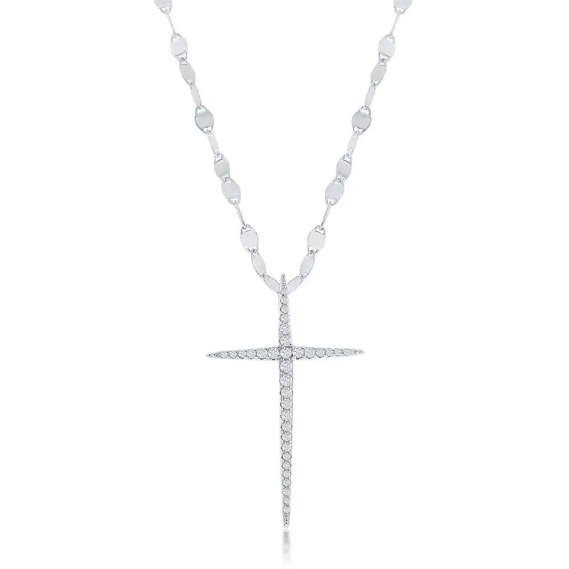 Sterling Silver, CZ Cross Mirror Chain Necklace