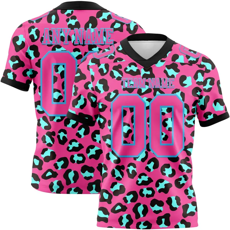 Custom Pink Sky Blue-Black 3D Pattern Leopard Print Mesh Authentic Football Jersey
