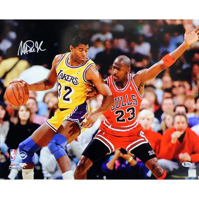 Lakers Magic Johnson Signed 16X20 Photo w/ Michael Jordan BAS Witnessed