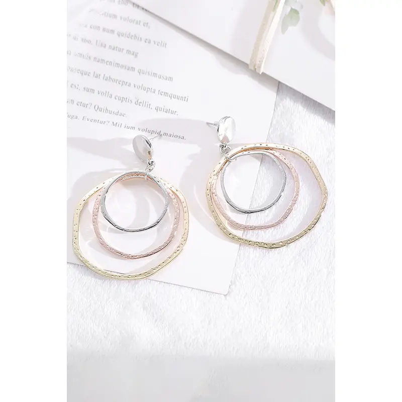 Silver 3-color Concentric Rings Dangle Earrings