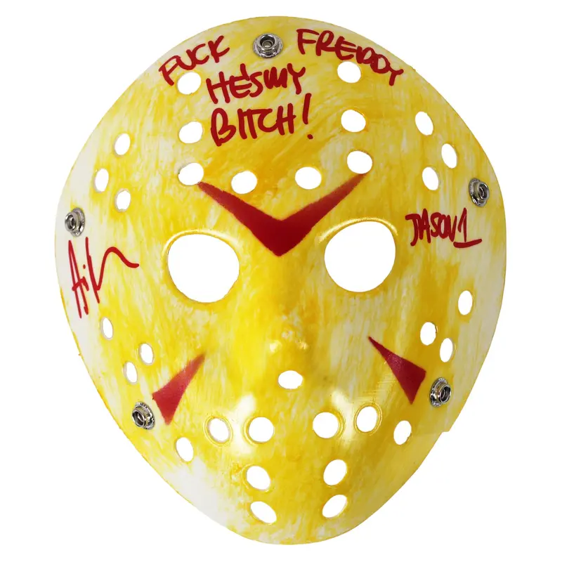 Ari Lehman "F*** Freddy!" Signed Yellow Jason Mask w/ Red Sig BAS #BH057810