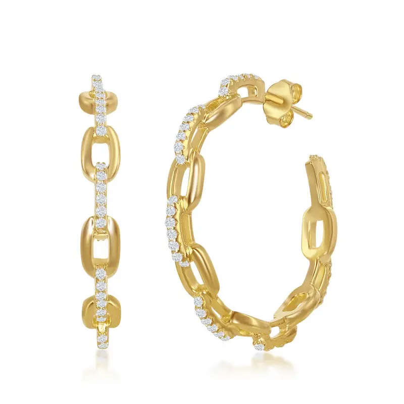 Sterling Silver, 32mm Paperclip CZ Open Hoop Earrings - Gold Plated