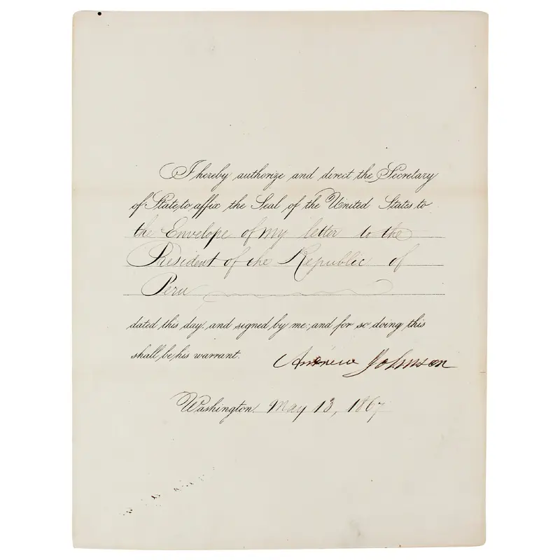 Andrew Johnson Authentic Signed 8.5x11 1867 Document Autographed BAS #AD64138