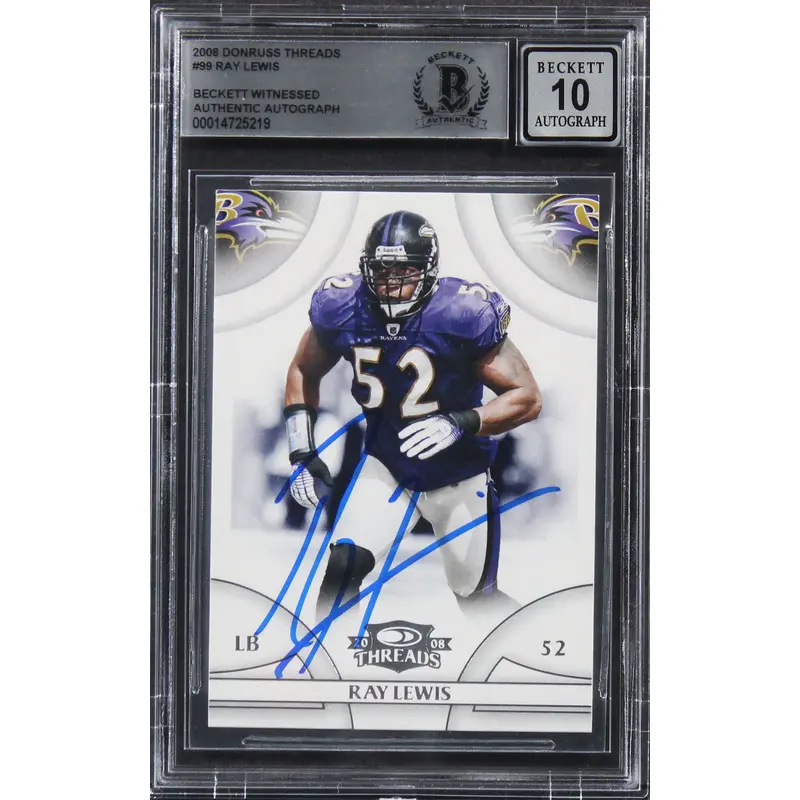 Ravens Ray Lewis Authentic Signed 2008 Donruss Threads #99 Card Auto 10 BAS Slab