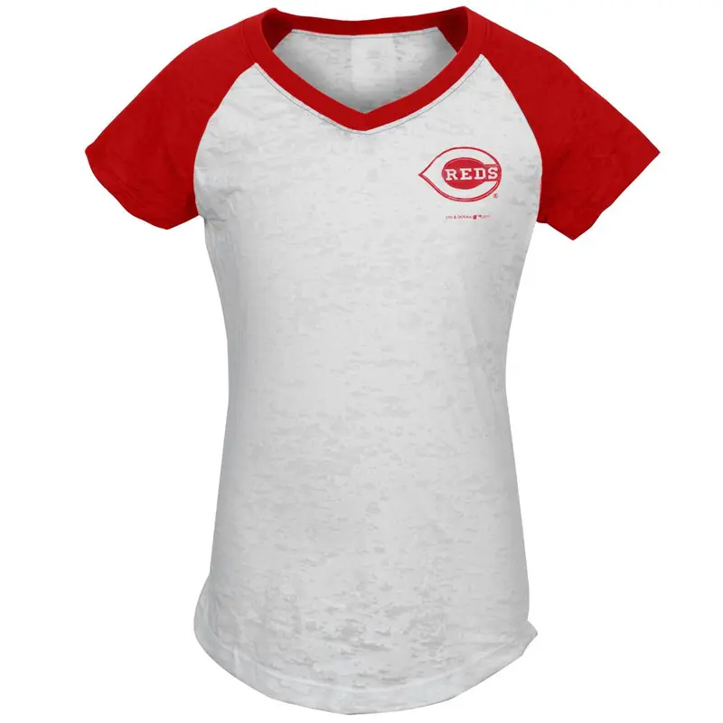 Cincinnati Reds - #1 Girls Youth Burnout V-Neck Raglan