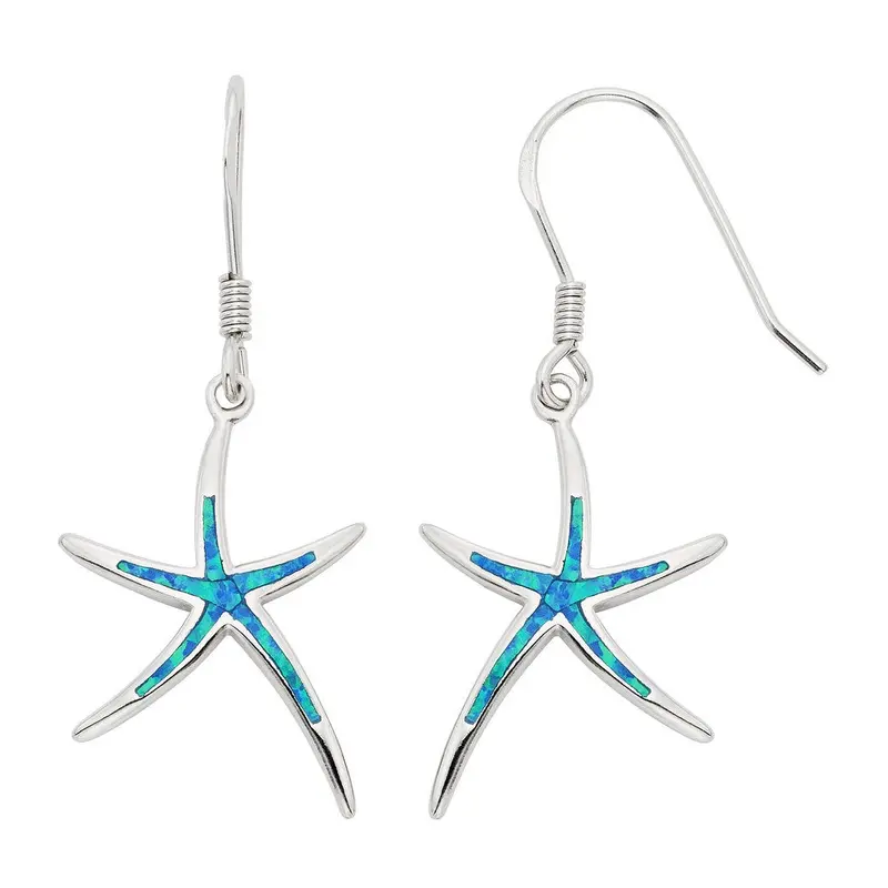Sterling Silver, Blue Inlay Opal Starfish Earrings