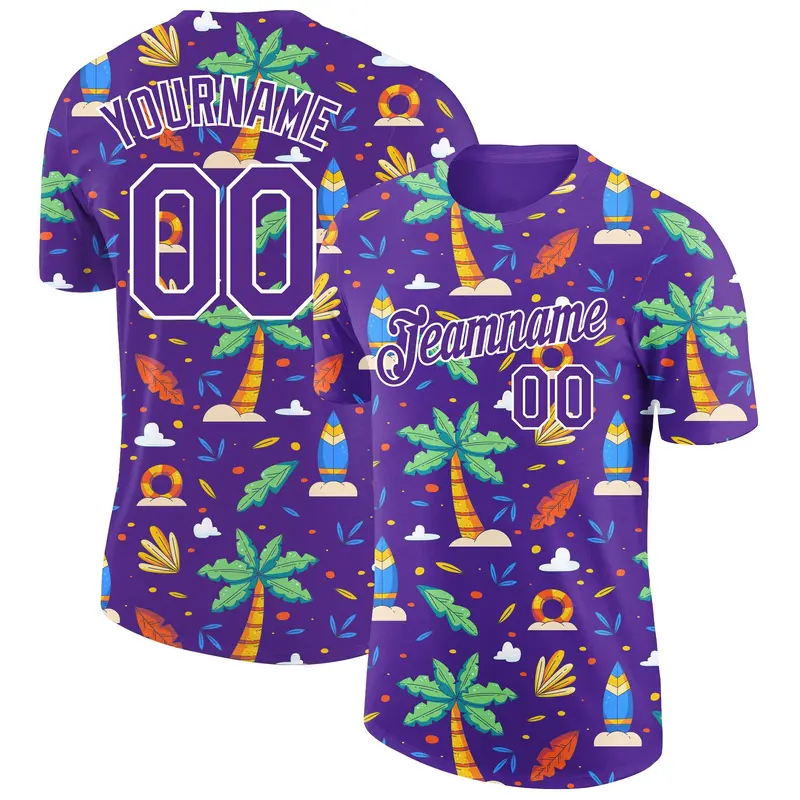 Custom Purple White 3D Pattern Design Hawaii Summer Holiday Performance T-Shirt