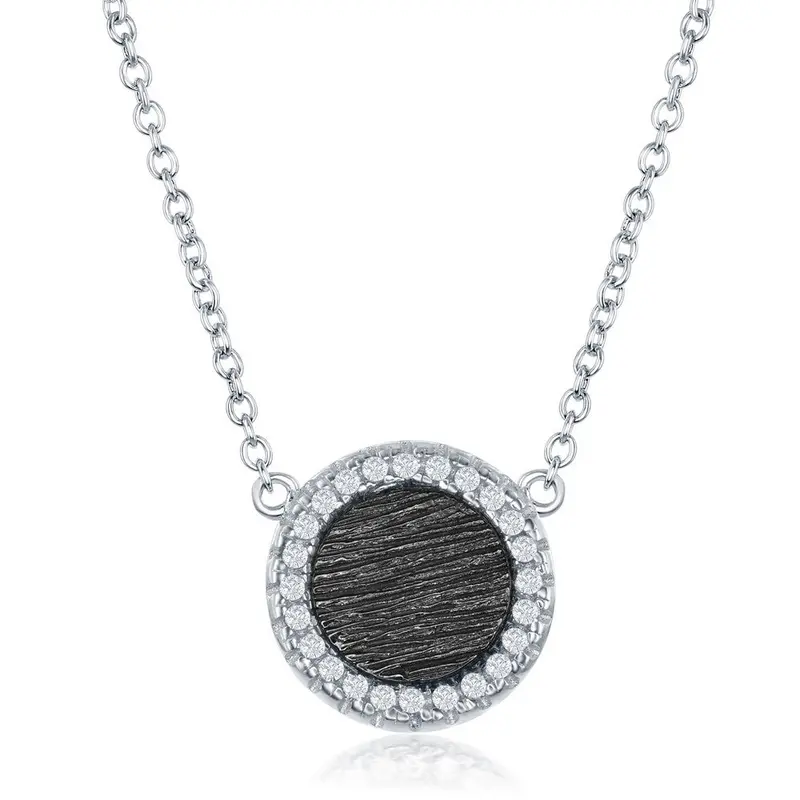 Sterling Silver Small Round Elephant Skin with CZ Border Necklace