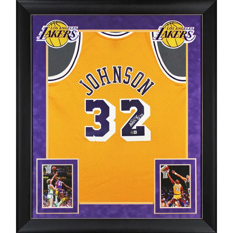Lakers Magic Johnson "#32" Signed M&N HWC Swingman Yellow Framed Jersey BAS Wit