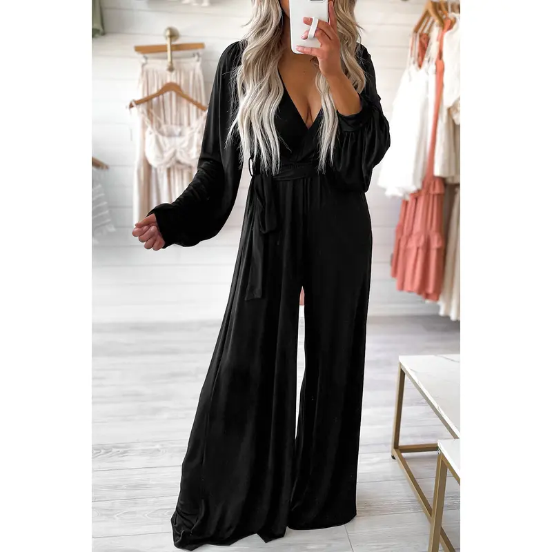 Black Cutout Back Belted V Neck Wide Leg Jumpsuit