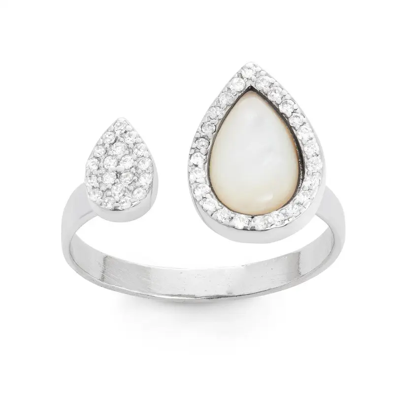 Sterling Silver MOP Teardrop with CZ Border and Smaller CZ Teardrop Open Ring