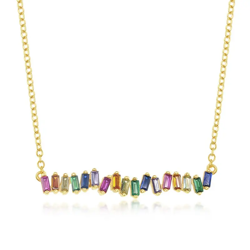 Sterling Silver Rainbow Baguette CZ Bar Necklace - Gold Plated