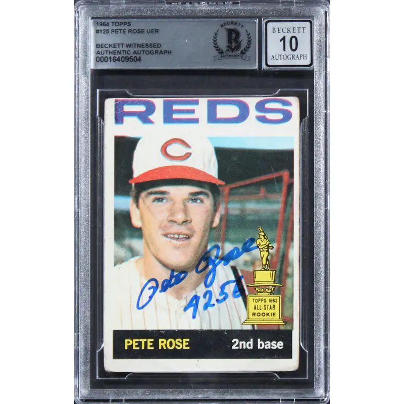 Reds Pete Rose 4256 Signed 1964 Topps #125 Rookie Card Auto 10! BAS Slabbed