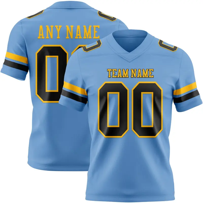 Custom Light Blue Black-Gold Mesh Authentic Football Jersey