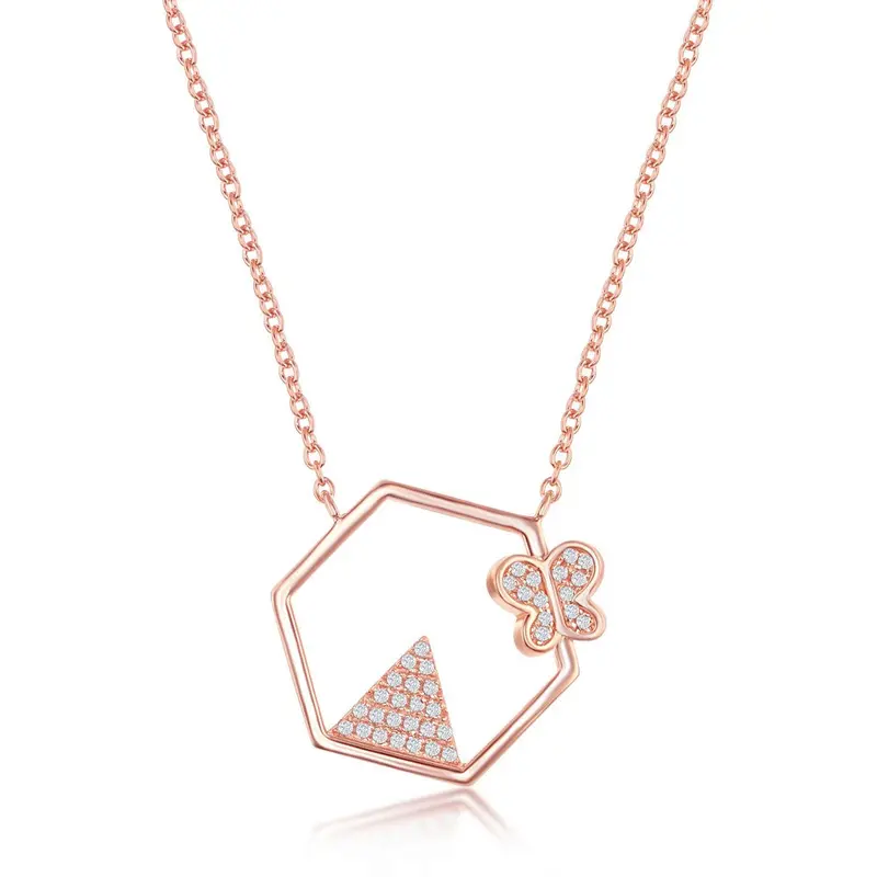 Sterling Silver CZ Triangle and Butterfly Hexagon Shaped Necklace - Rose Gold Plated