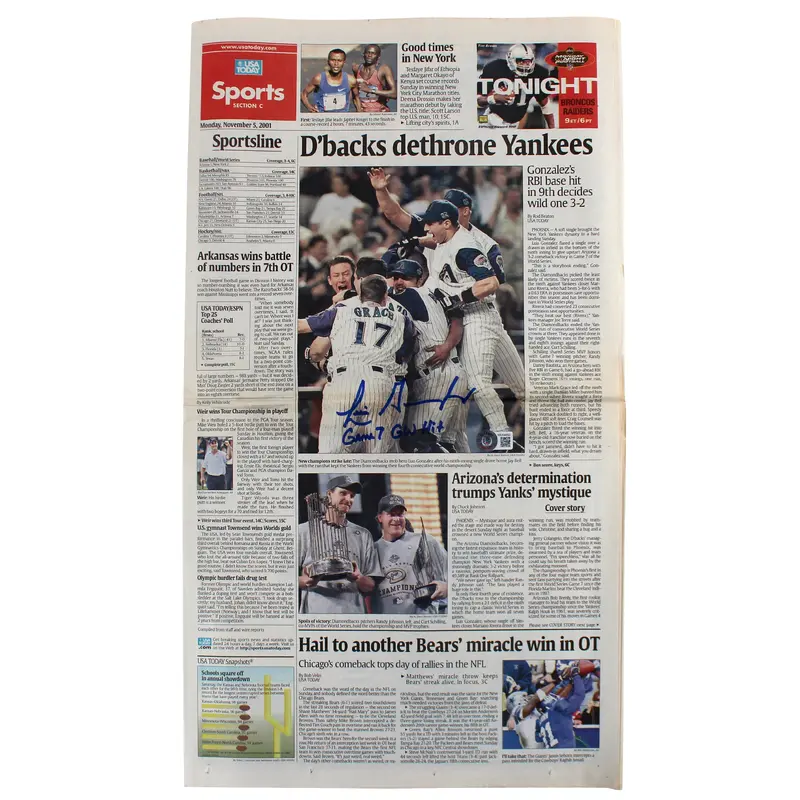 D-Backs Luis Gonzalez "Game 7 GW Hit" Signed USA Today Newspaper BAS #WU04950