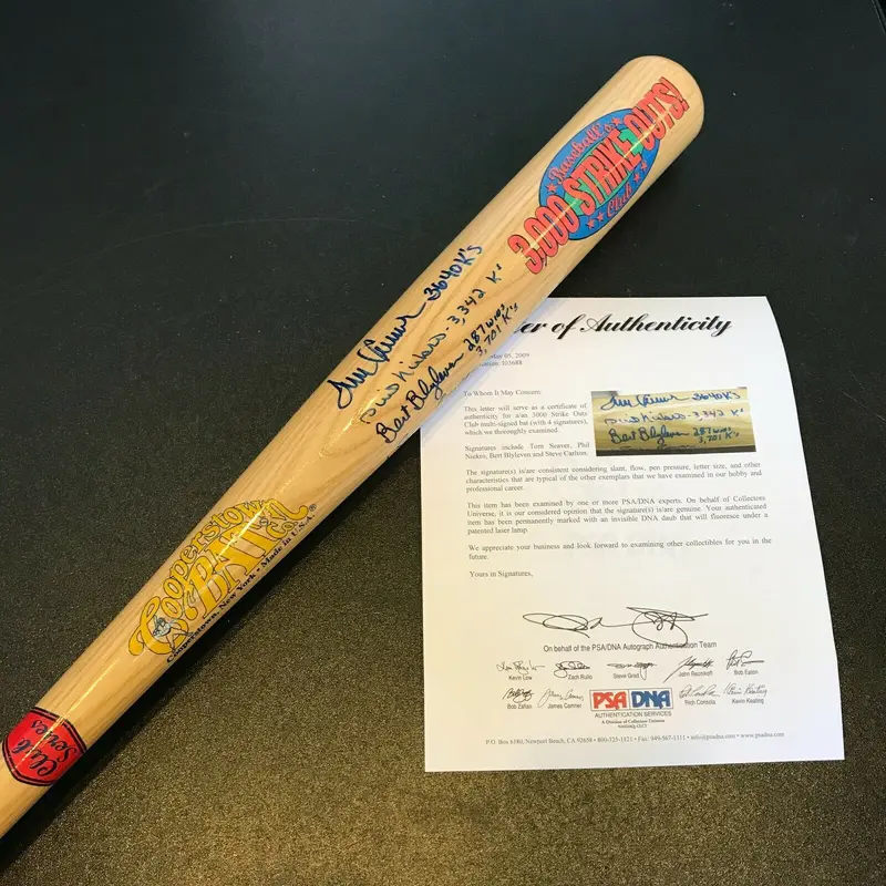 3,000 Strikeout Club Signed Bat Tom Seaver Bert Blyleven Phil Niekro Carlton PSA