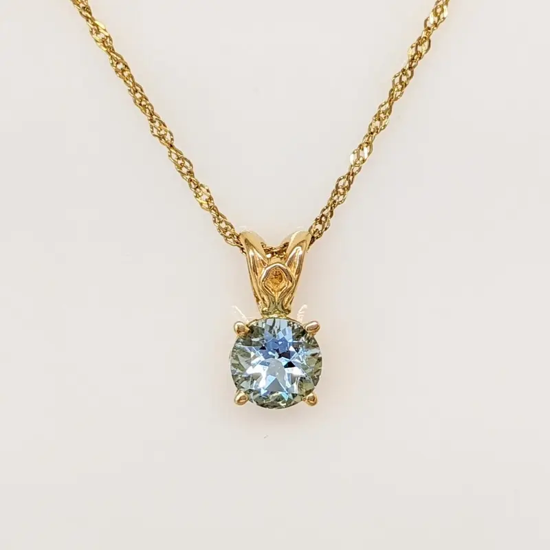 14K AQUAMARINE ROUND 6MM SOLITAIRE ESTATE PENDANT & CHAIN 1.9 GRAMS