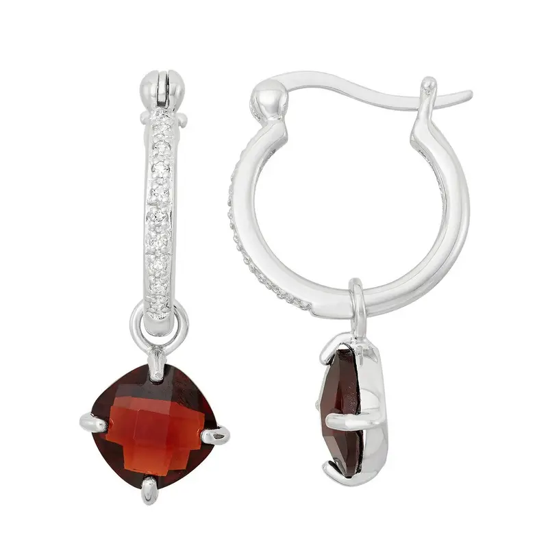 Sterling Silver Hanging Square Garnet on Dime Sized Hoop Earrings