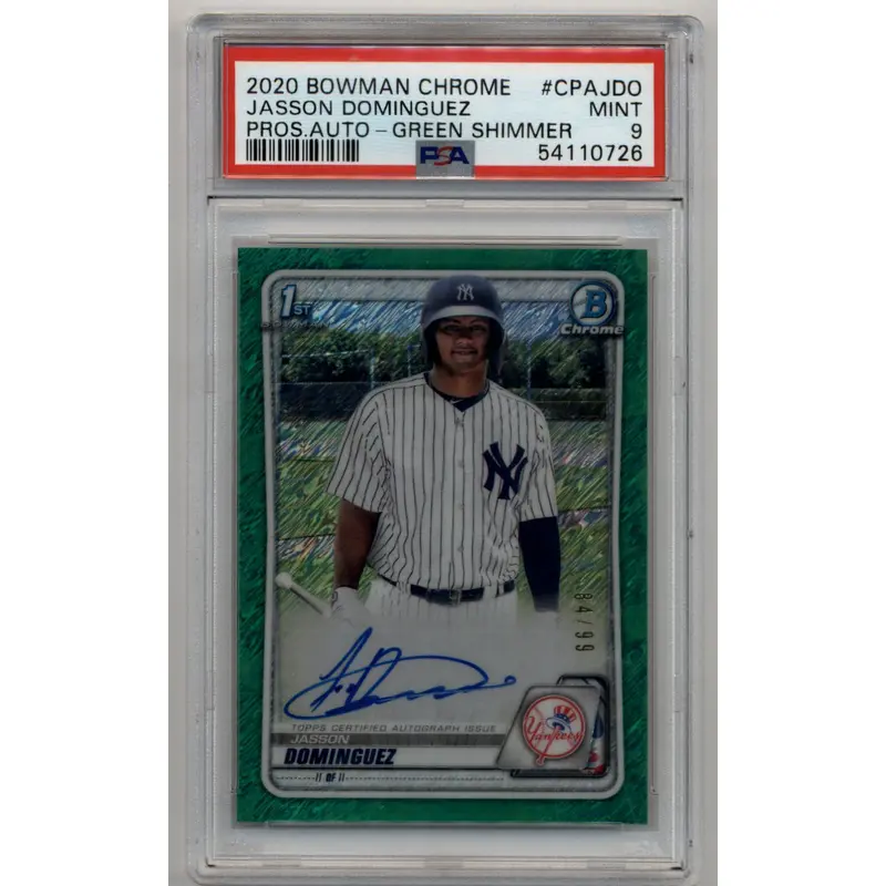 Jasson Dominguez 2020 Bowman Chrome Prospect Green Shimmer Auto 84/99 PSA 9 Mint