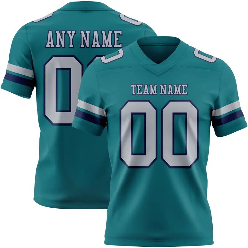 Custom Teal Gray-Navy Mesh Authentic Football Jersey