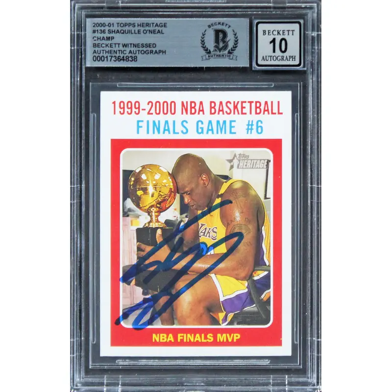 Lakers Shaq O'Neal Signed 2000 Topps Heritage #136 Champ Card AG GM 10! BAS Slab