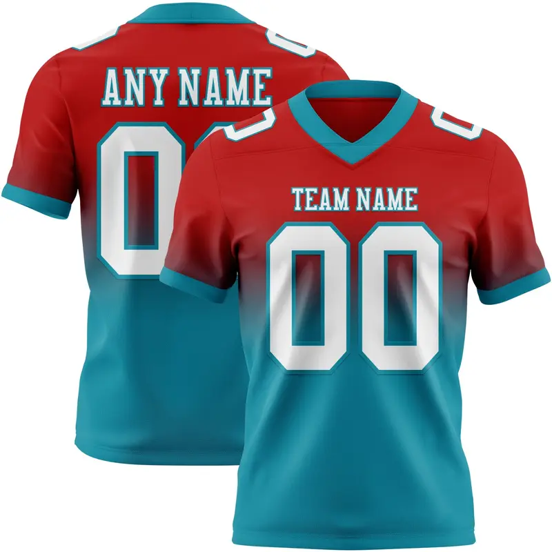 Custom Red White-Teal Mesh Authentic Fade Fashion Football Jersey