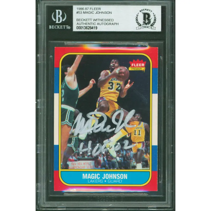 Lakers Magic Johnson "HOF 02" Authentic Signed 1986 Fleer #53 Card BAS Slabbed