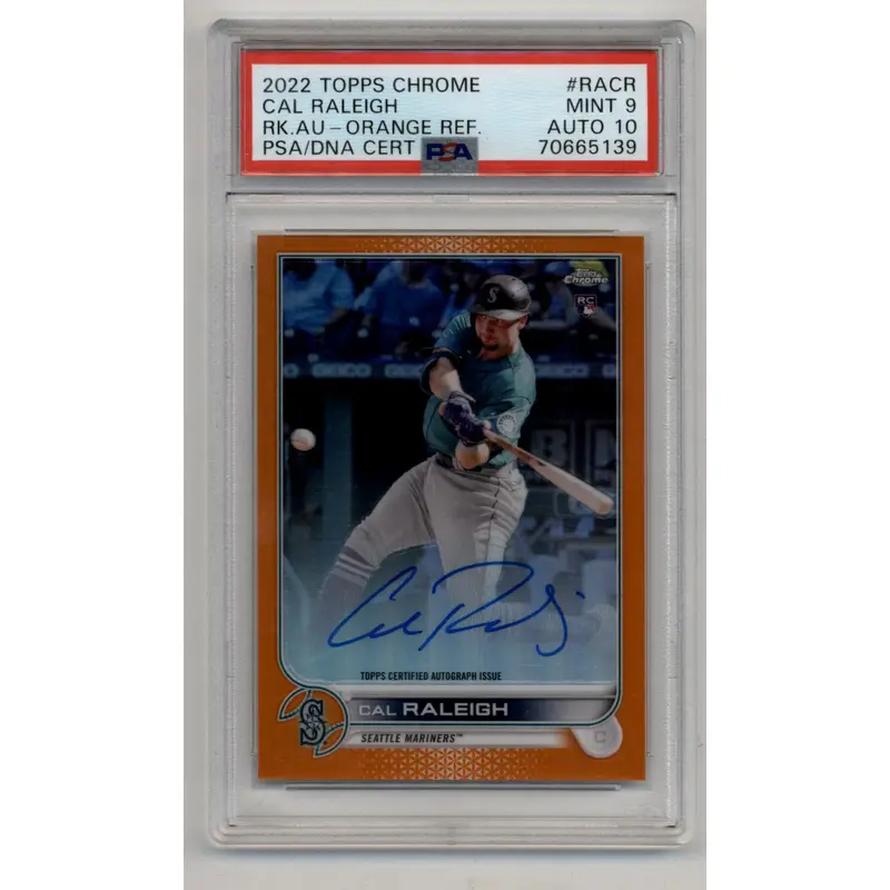 Cal Raleigh 2022 Topps Chrome Orange Refractor 15/25 PSA 9 Mint Auto 10