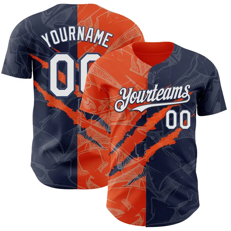 Custom Graffiti Pattern White Navy-Orange 3D Scratch Authentic Baseball Jersey