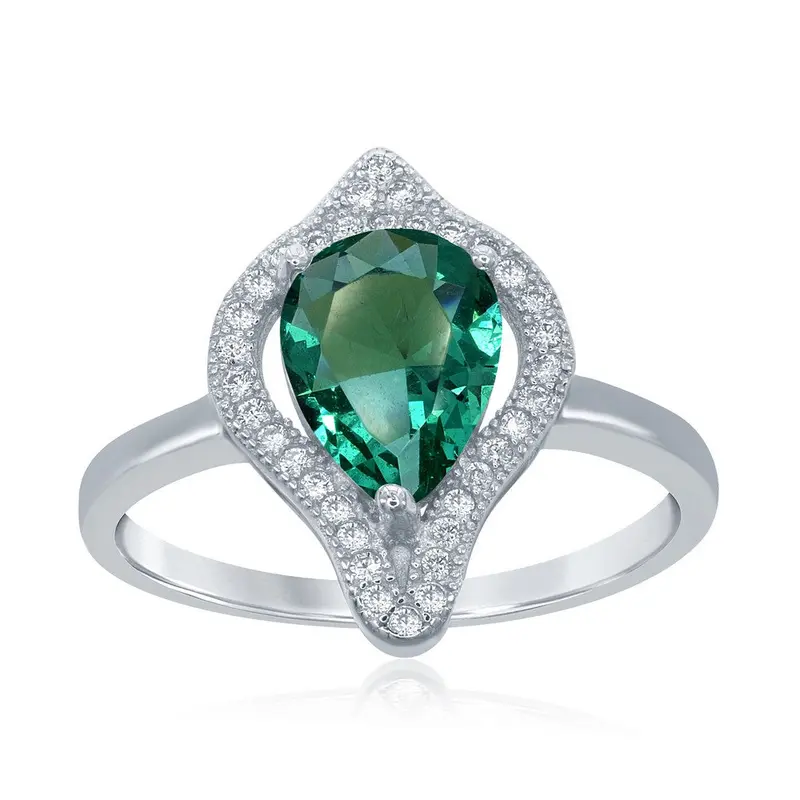 Sterling Silver Large Teardrop Simulated Emerald with CZ Border Ring