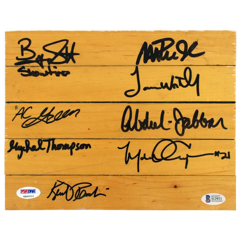 Showtime Lakers (8) Magic, Kareem +6 Signed 8x10 Forum Floorboard PSA & BAS 2
