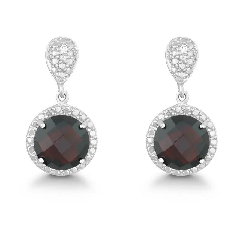 Sterling Silver Diamond and Round 9mm Gem Earring - Garnet