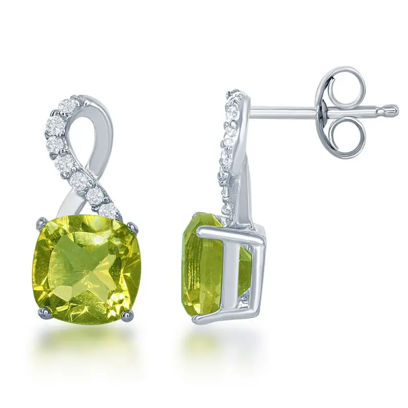 Sterling Silver, White Topaz Earrings, with 6mm Square Gem - Peridot