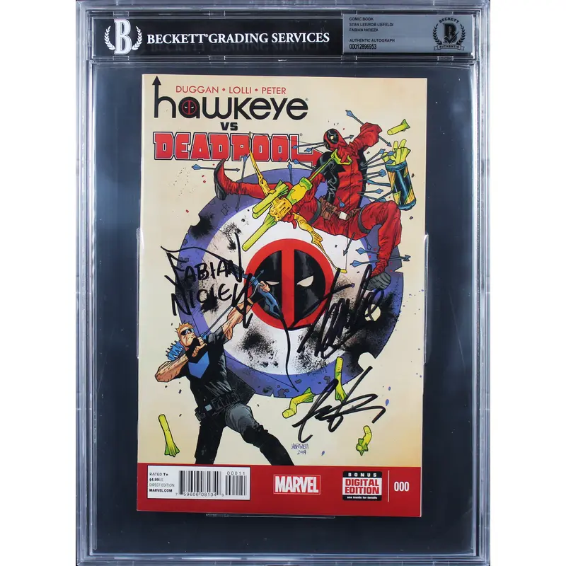 (3) Stan Lee, Liefeld & Nicieza Marvel Signed Hawkeye Vs Deadpool Comic BAS Slab