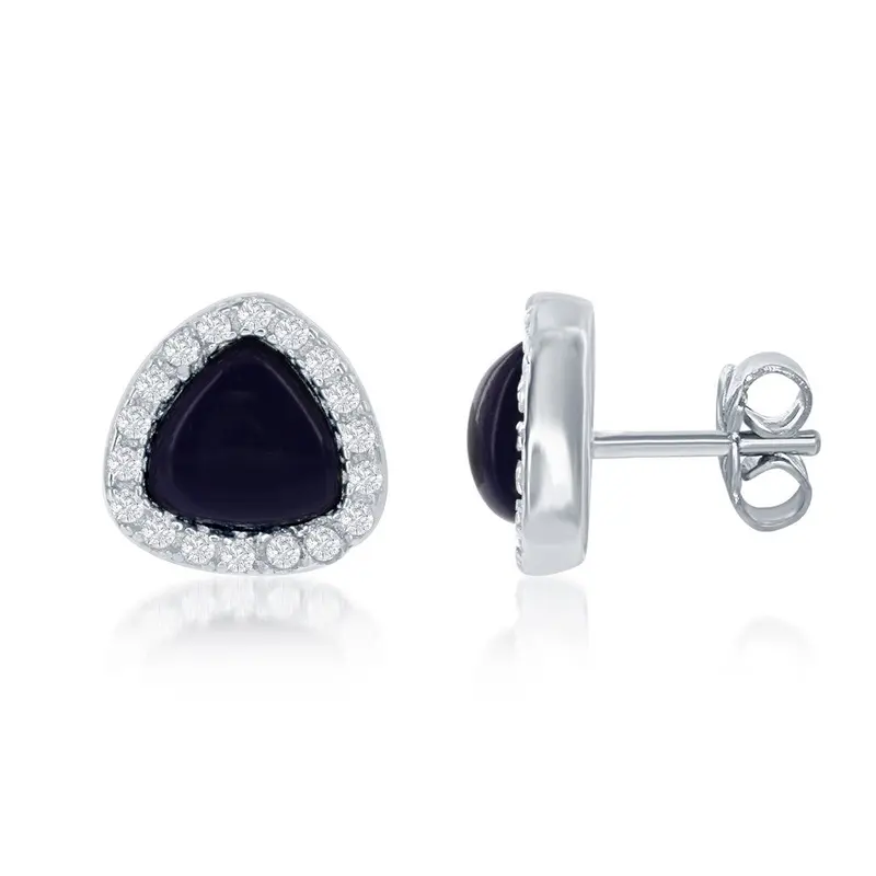 Sterling Silver Small Triangle Navy Lapis with CZ Border Stud Earrings