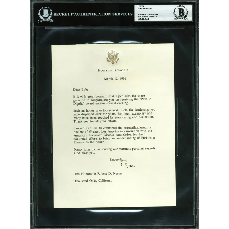 Ronald Reagan Signed 1991 Letter On Personal Letterhead Auto Graded 9! BAS Slab