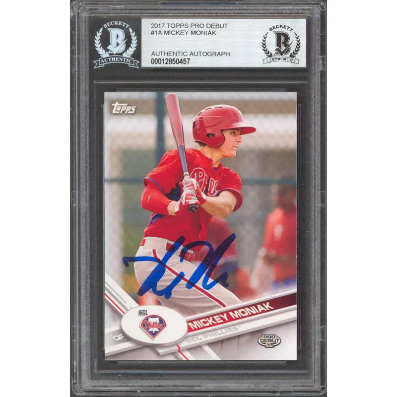 Phillies Mickey Moniak Authentic Signed 2017 Topps Pro Debut #1A RC BAS Slabbed