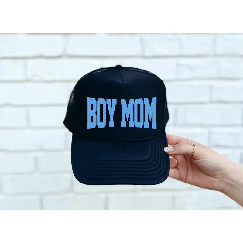 Checkered Boy Mom DTF Printed Black Trucker Hat