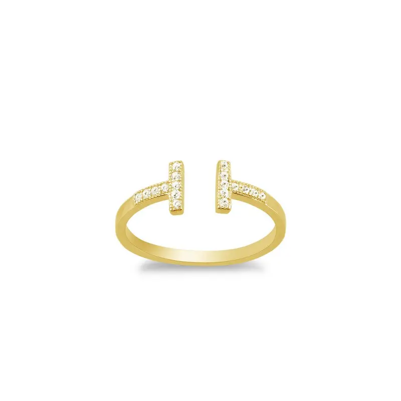 Sterling Silver CZ Double T Ring - Gold Plated