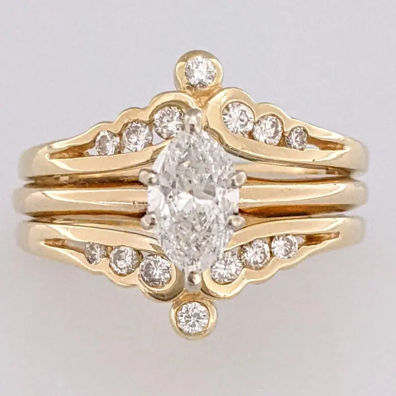 14K .82 CARAT TOTAL WEIGHT SI1-I1 H DIAMOND MARQUISE (1) ROUND (14) ESTATE RING 5.2 GRAMS
